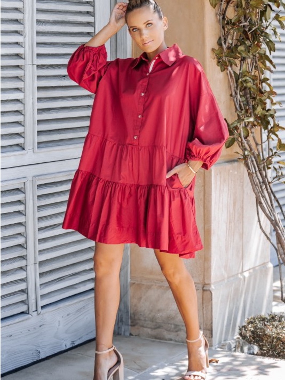 Women's Red Tiered Shirt Dress with 3/4 Sleeves